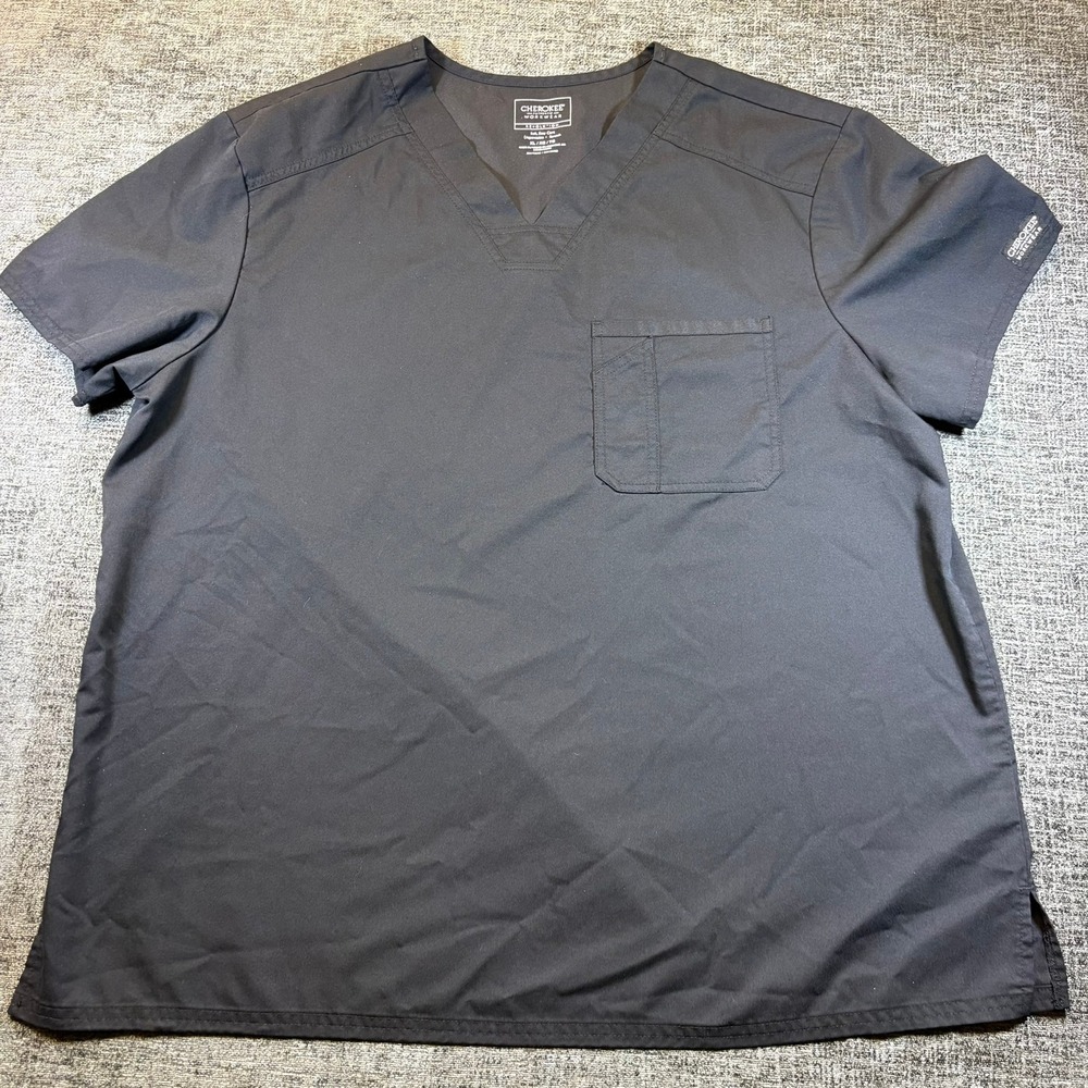 Cherokee Scrub Top Mens XL Black Revolution V-Neck Stretch Workwear Pocket 1488